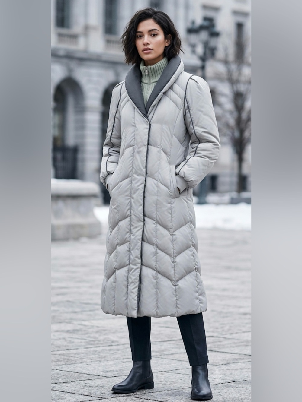 The Waters Edge Long Quilted Puffer Down Coat in Light Gray